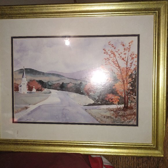 Special edition print of watercolor painting of a church in the fall. P&R Enterp